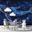 Space whale constellation wallpaper in cozy bedroom, soft star glow illuminating peaceful sleep space