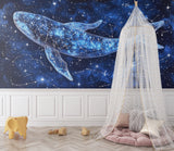 Space themed whale wallpaper in nursery, perfect for dreamy bedtime moments