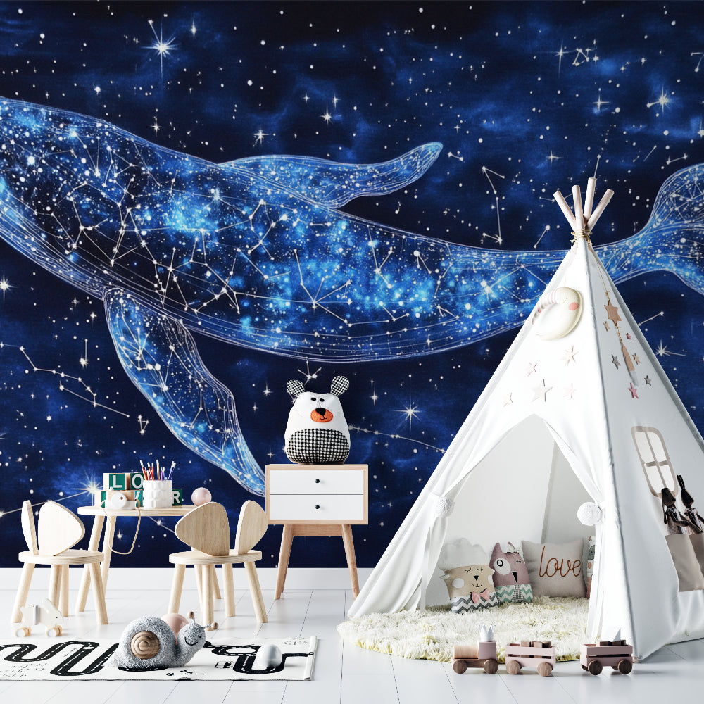 Constellation whale mural in teen room, adding cosmic charm to study space