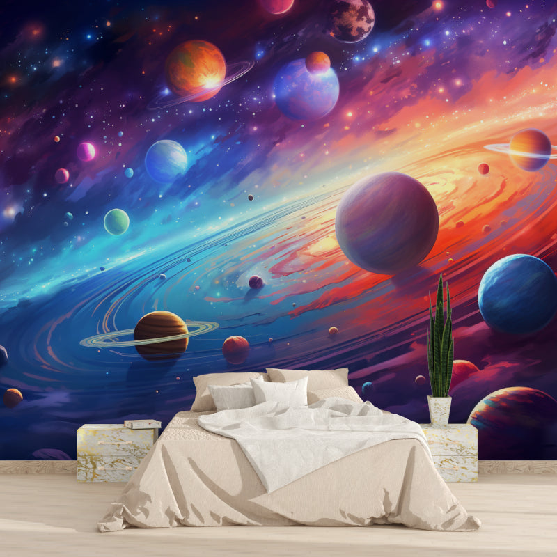 Space galaxy wallpaper creating a magical atmosphere in a modern bedroom with ambient lighting