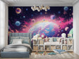 Space galaxy wallpaper mural displayed in modern kids bedroom with rocket-themed decor