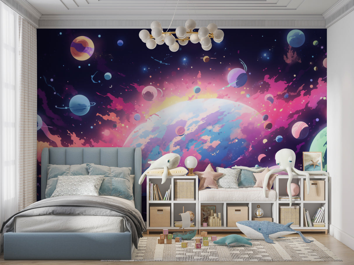 Space galaxy wallpaper mural displayed in modern kids bedroom with rocket-themed decor