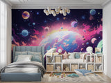 Space galaxy wallpaper mural displayed in modern kids bedroom with rocket-themed decor