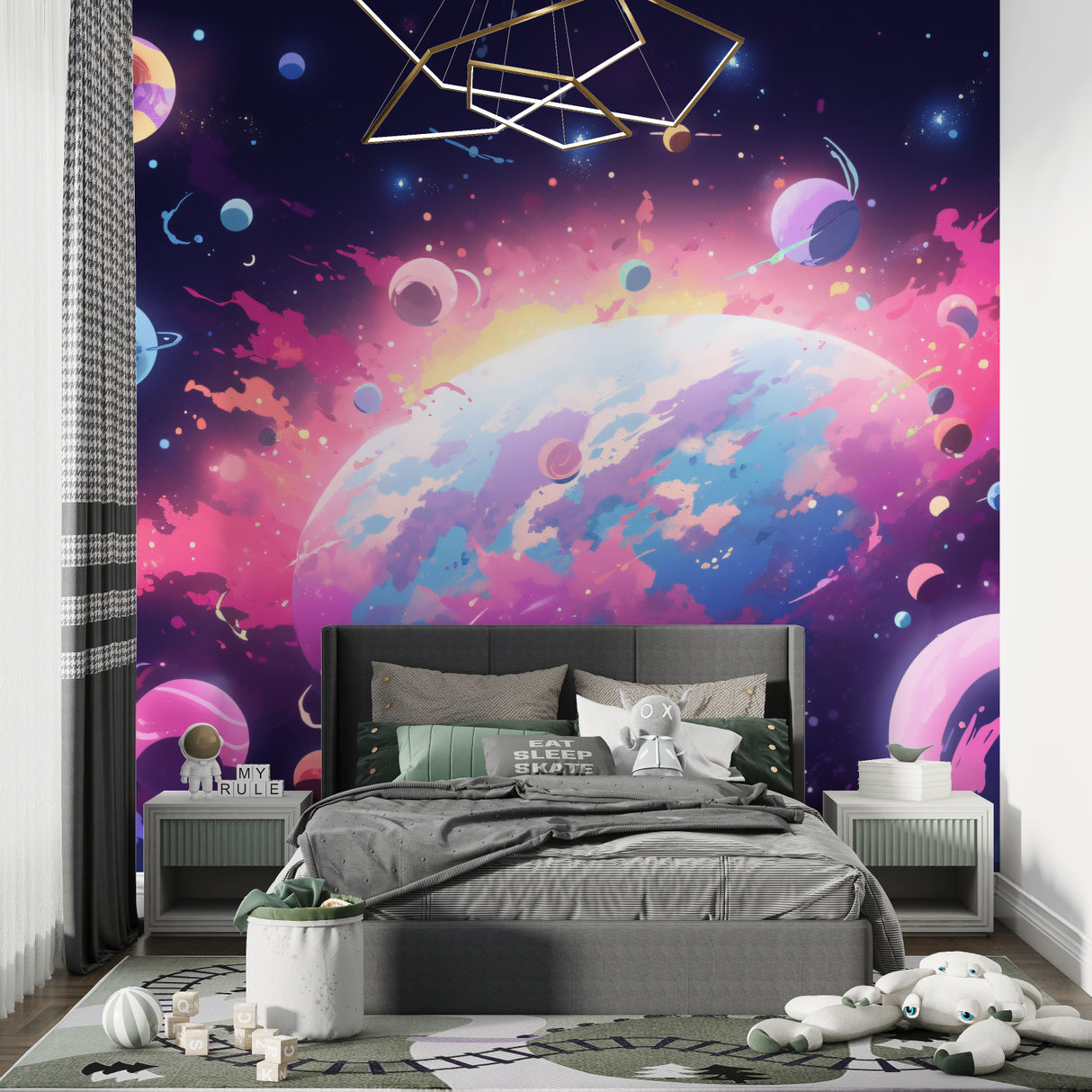 Colorful galaxy wall mural creating depth in home office space