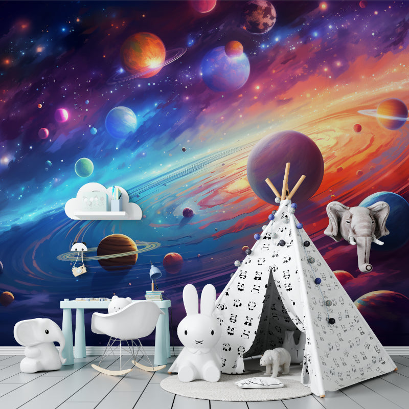 Space themed home office featuring cosmic wallpaper with deep purple nebulas