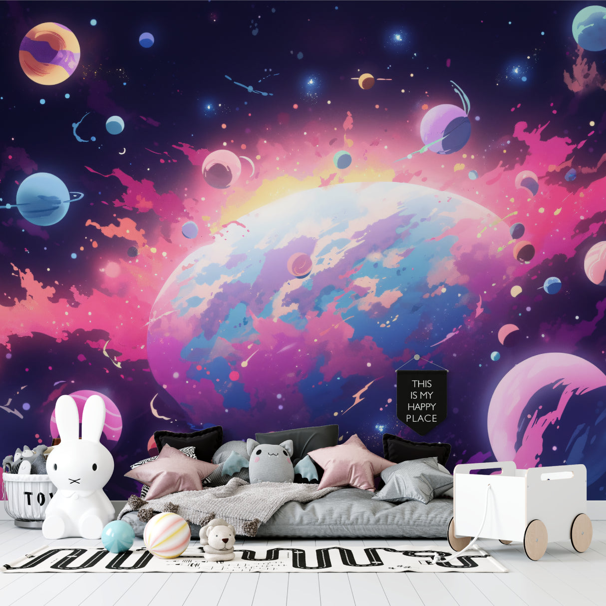 Space themed wallpaper bringing cosmic vibes to teen gaming room