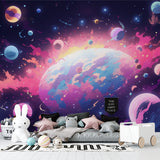 Space themed wallpaper bringing cosmic vibes to teen gaming room