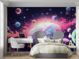 Galaxy wall mural installation in playroom with space-themed furniture