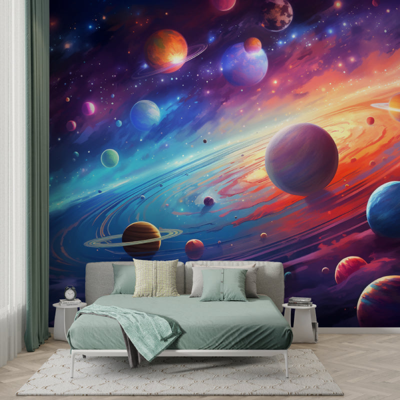 Teen bedroom with galaxy planet wallpaper creating an astronomy-themed space