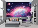 Purple and blue space wallpaper transforming modern bedroom wall