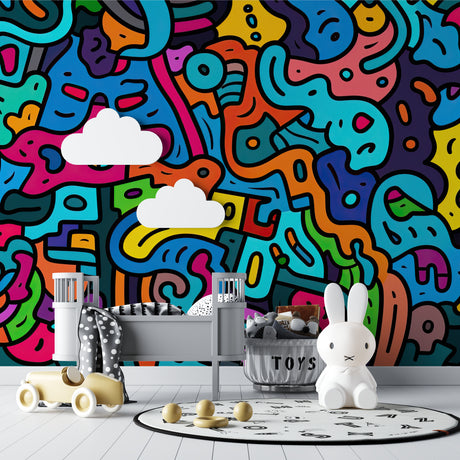 Space mural wallpaper with planets and galaxy design creating a magical atmosphere in a modern kids bedroom