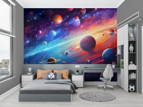 Space galaxy wallpaper creating cosmic atmosphere in modern bedroom with ambient lighting