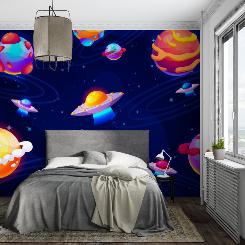 Space themed bedroom with mural wallpaper showing whimsical UFOs and bright planets