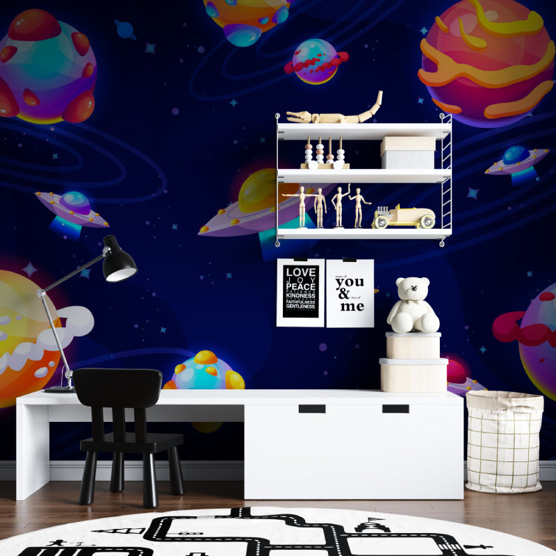Nursery featuring space wallpaper mural with gentle galaxy colors and fun spacecraft