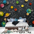 Space wallpaper with colorful planets bringing cosmic wonder to a modern kids bedroom