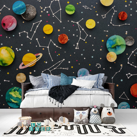 Space wallpaper with colorful planets bringing cosmic wonder to a modern kids bedroom