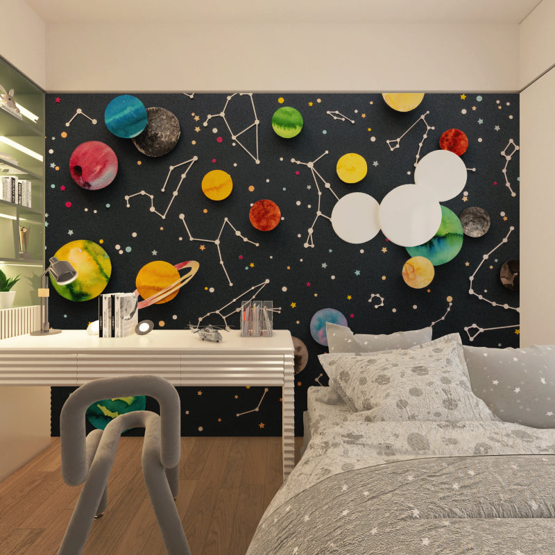 Space themed wallpaper transforming a playroom into an astronomical adventure