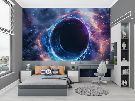Space black hole wallpaper in modern bedroom creating dramatic cosmic atmosphere