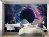 Galaxy wall mural in gaming room with purple nebula effects