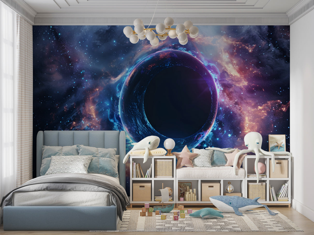 Cosmic nebula wallpaper in teen bedroom with star details