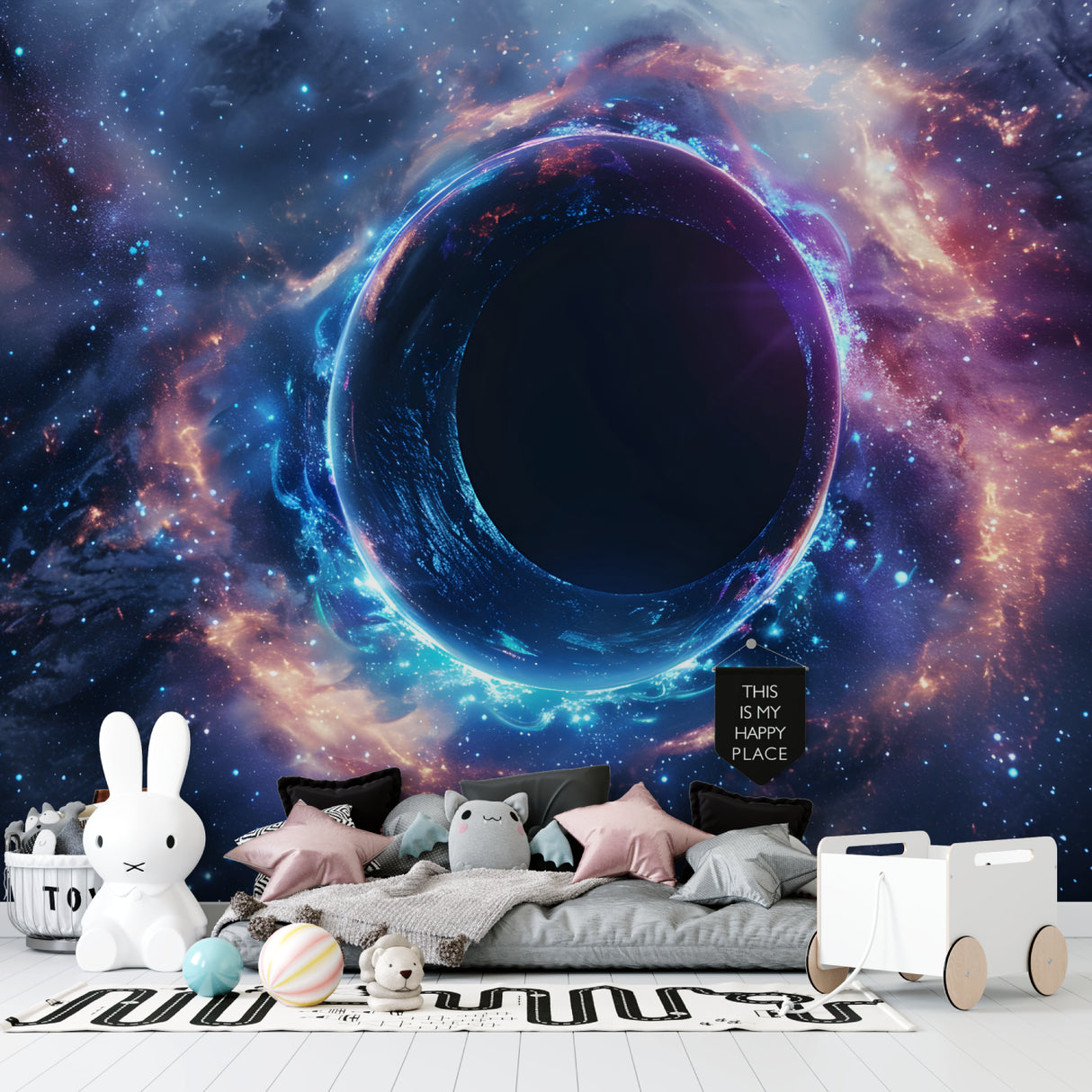 Space mural in dark room showing glow effect