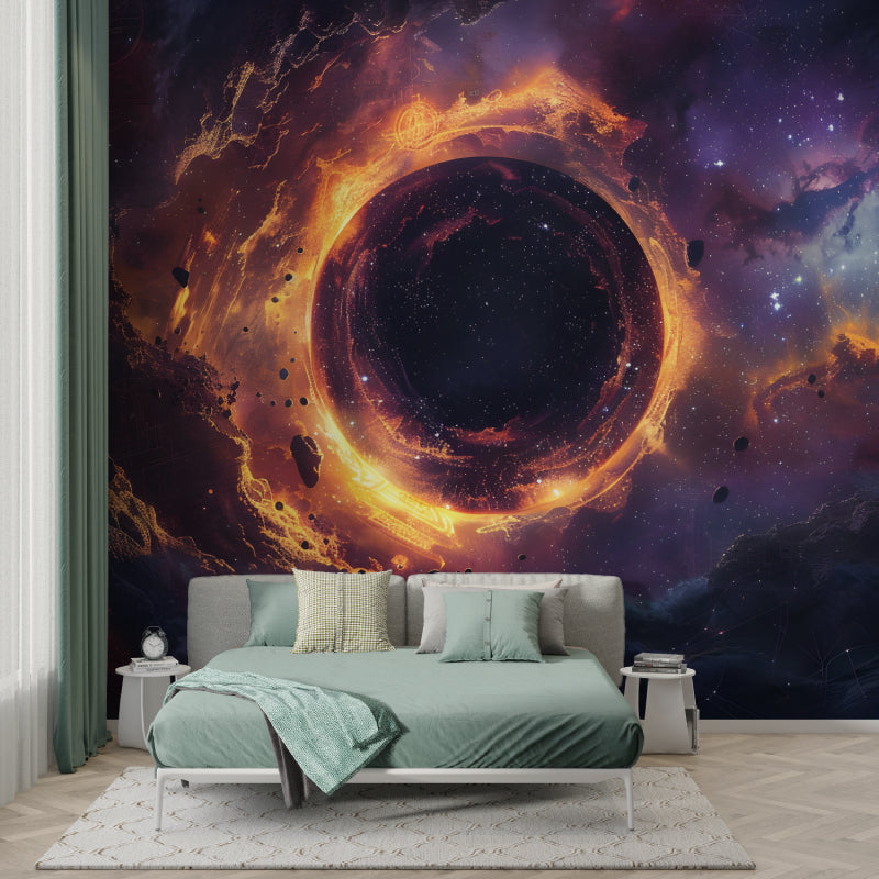 Space mural wallpaper with cosmic black hole design in modern gaming room showing depth effect