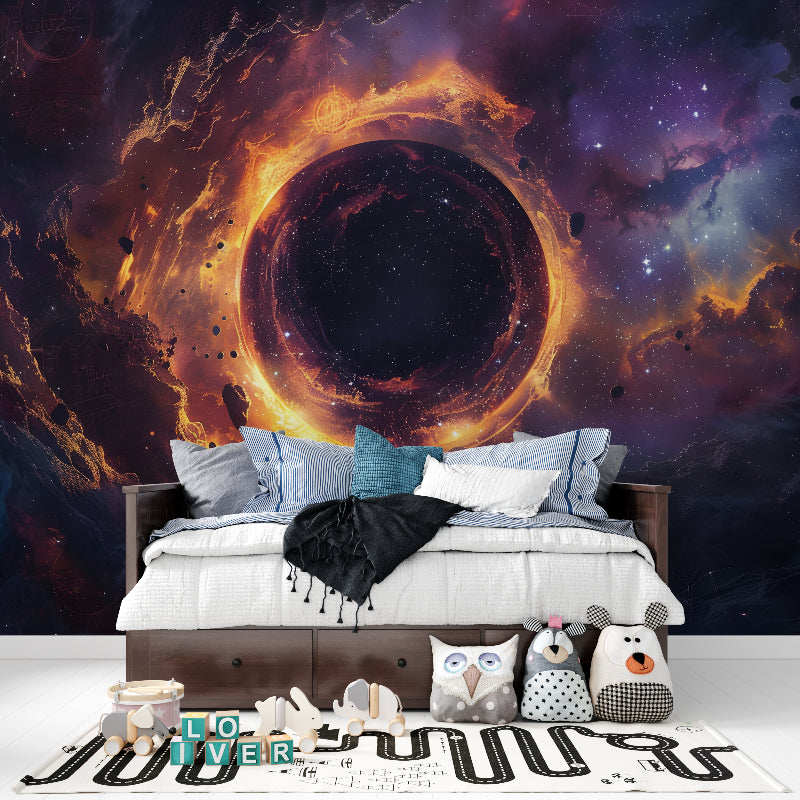 Black hole wallpaper with golden nebula creating dramatic effect in teen bedroom