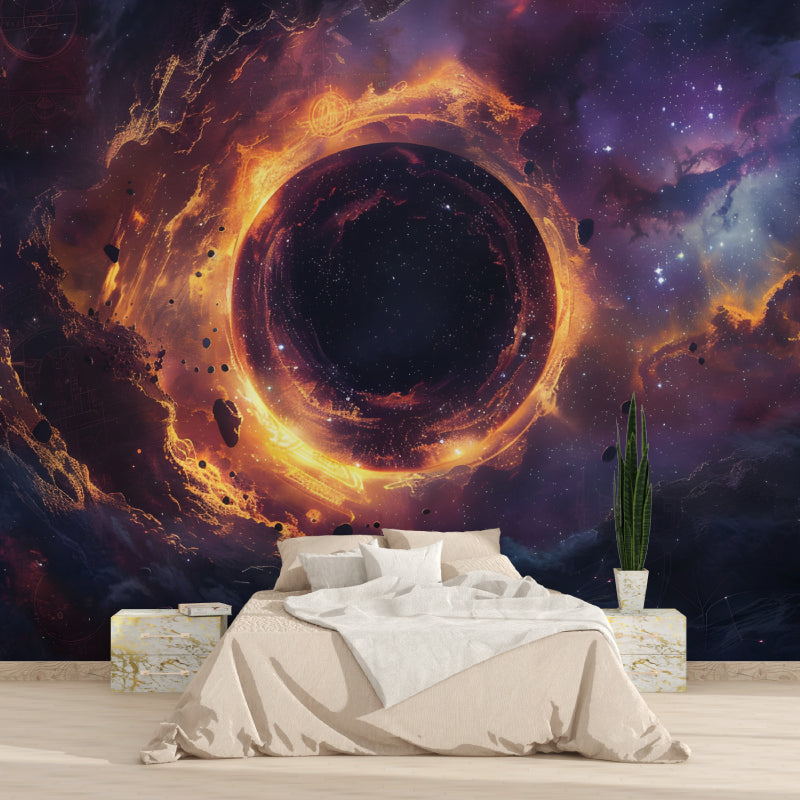 Galaxy wall mural featuring cosmic black hole design in home office space