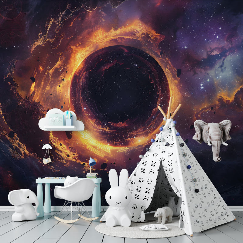 Space themed wall mural showing golden nebula details in living room setting