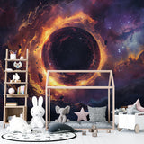 Cosmic wallpaper with black hole pattern displayed in media room