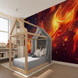 Space fire wallpaper in modern gaming room showing orange cosmic flames against dark universe background