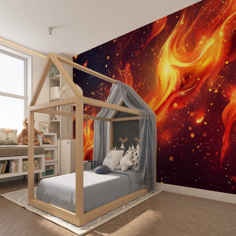 Space fire wallpaper in modern gaming room showing orange cosmic flames against dark universe background