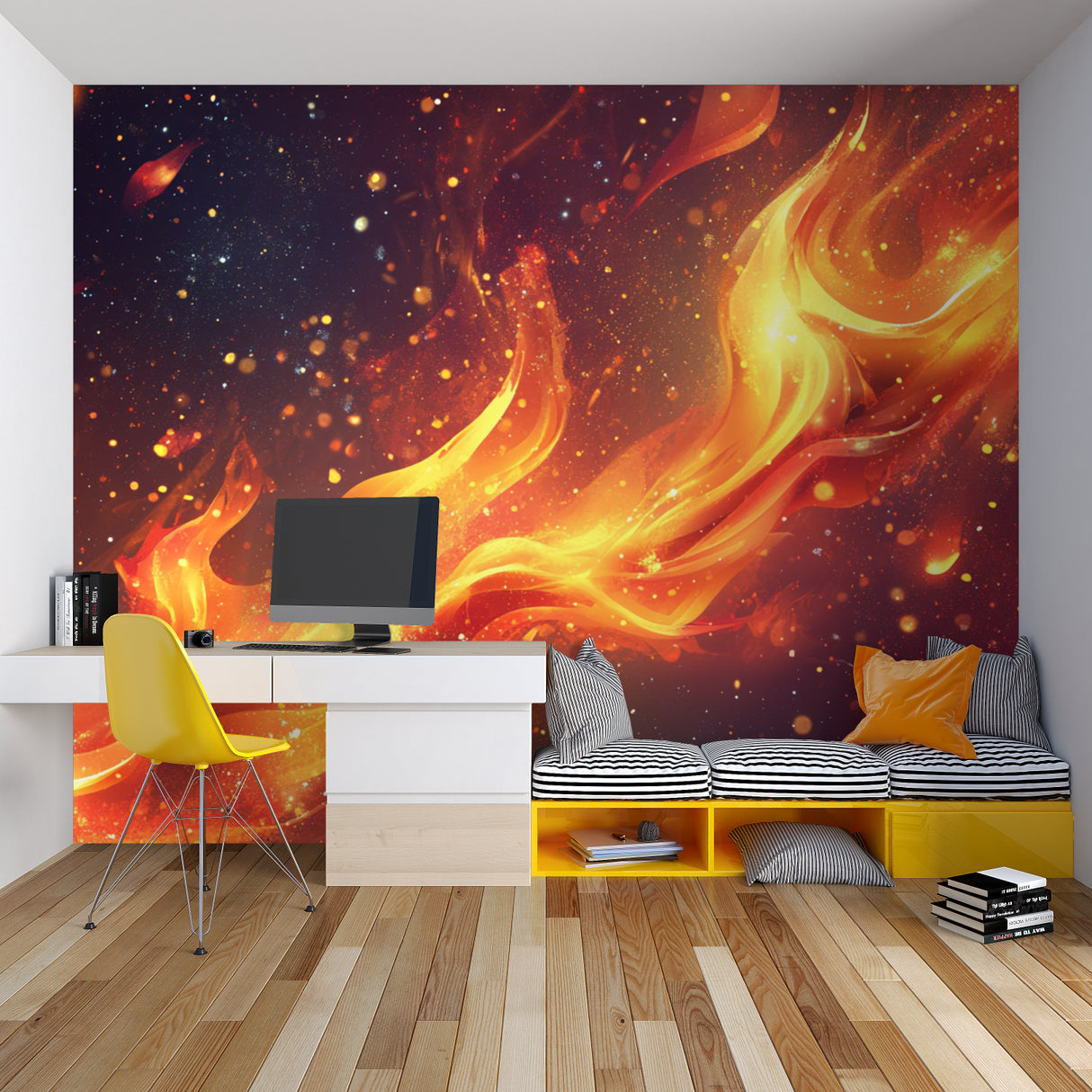 Cosmic fire wall mural in teen bedroom creating warm ambient lighting effect