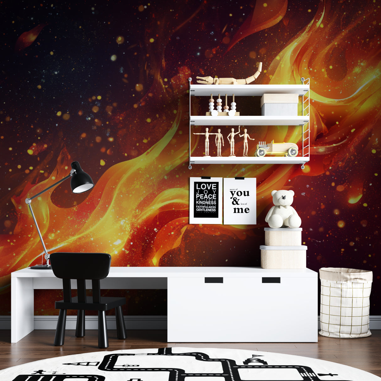 Galaxy fire wallpaper installed in home office showing dramatic space scene
