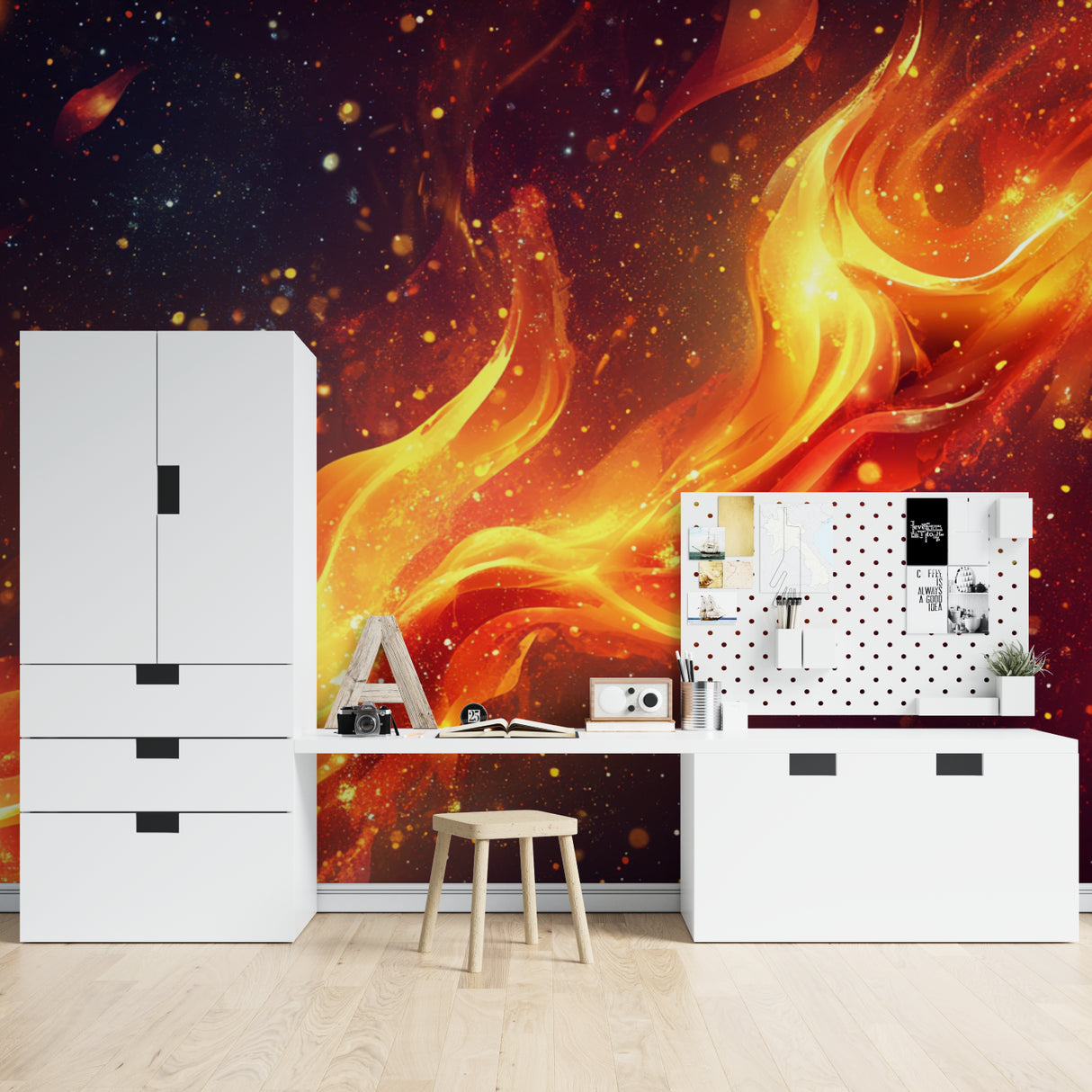 Space themed wallpaper in kid's room with cosmic fire design glowing in evening light