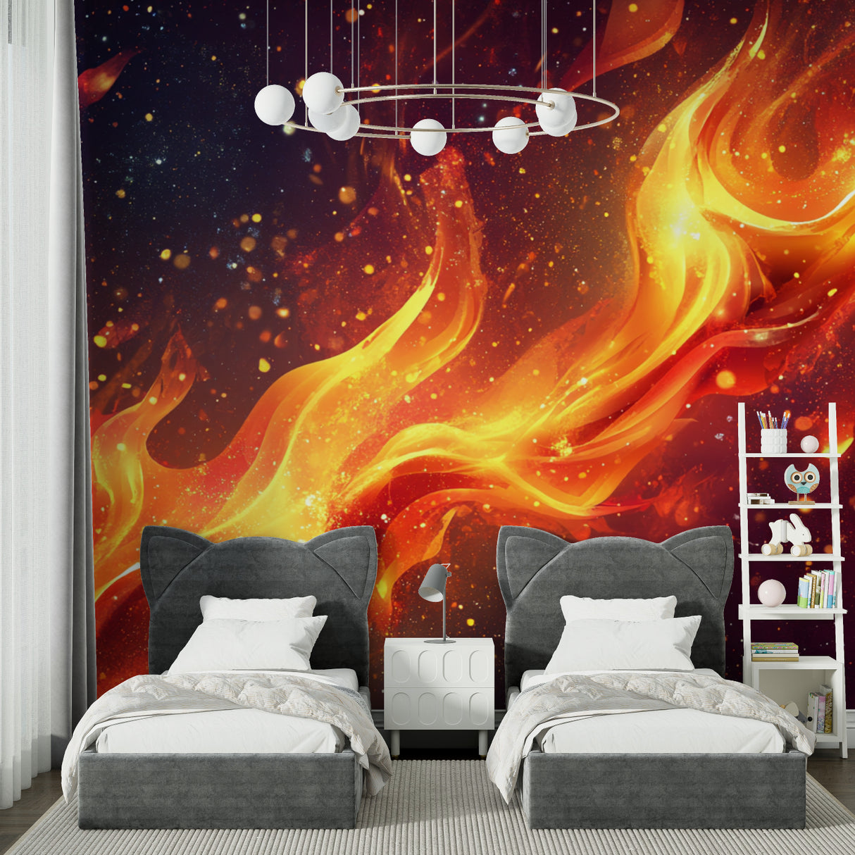 Celestial fire mural in media room creating immersive space atmosphere