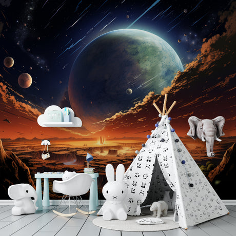 Space galaxy wallpaper creating cosmic atmosphere in modern bedroom with orange sunset glow