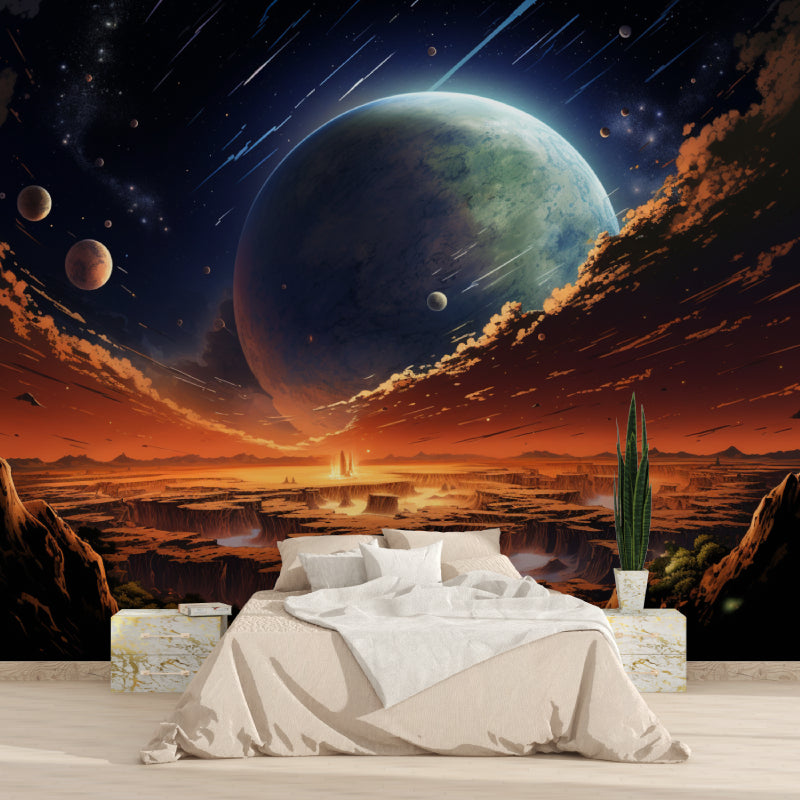 Kids room transformed with space themed wall mural showing planets and meteors