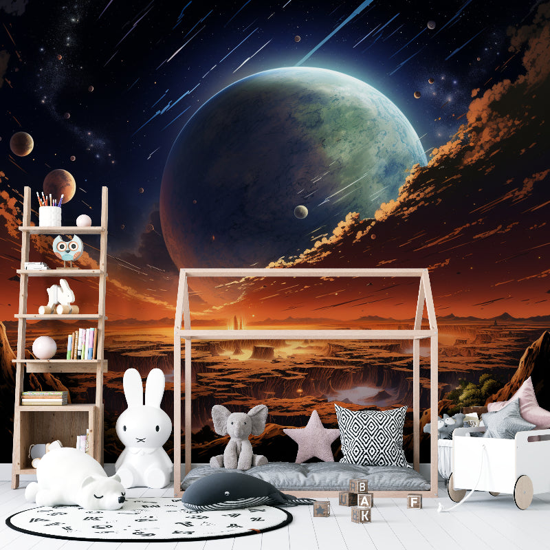 Gaming room featuring cosmic galaxy wallpaper with dramatic orange horizon