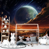 Gaming room featuring cosmic galaxy wallpaper with dramatic orange horizon