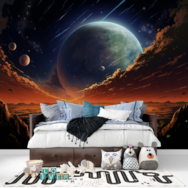 Home office space with galaxy wall mural creating inspiring atmosphere