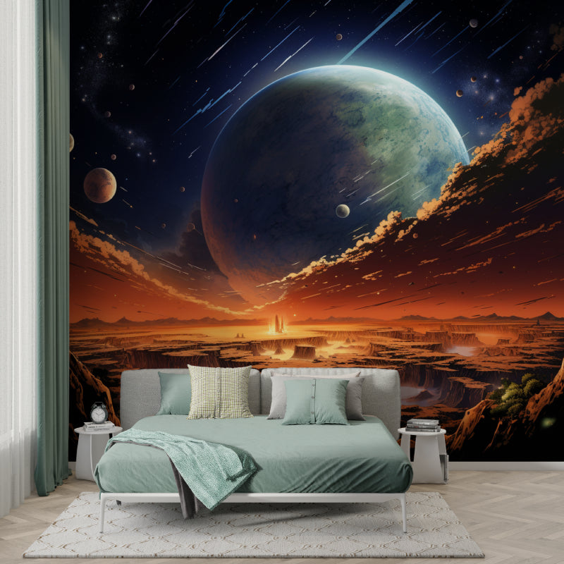 Teen bedroom showcasing space themed wallpaper with celestial bodies