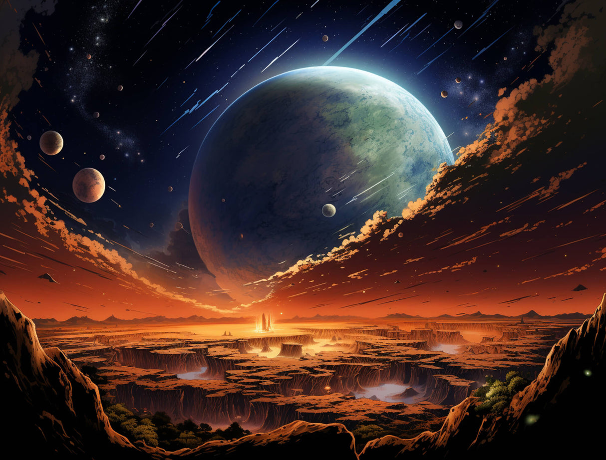 Space galaxy wallpaper design file showing detailed cosmic scene with orange sunset and meteors