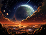 Space galaxy wallpaper design file showing detailed cosmic scene with orange sunset and meteors