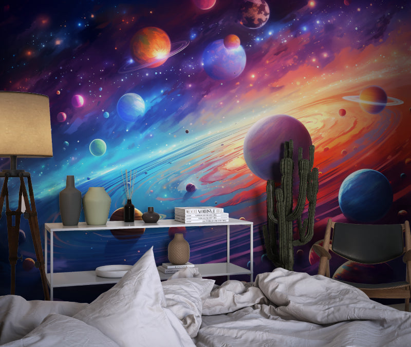 Space galaxy wallpaper creating a stunning focal point in a modern bedroom with soft lighting