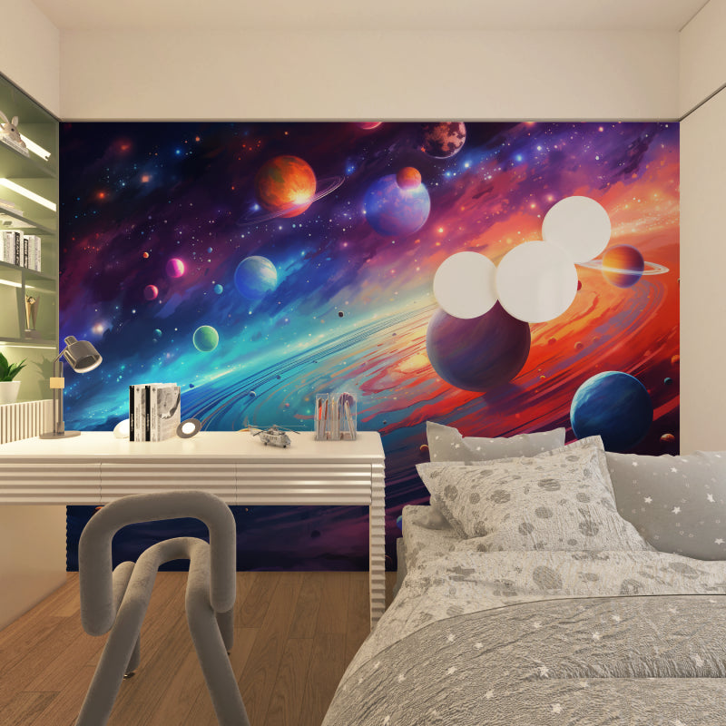 Cosmic galaxy mural wallpaper transforming a gaming room with vibrant planets and stars