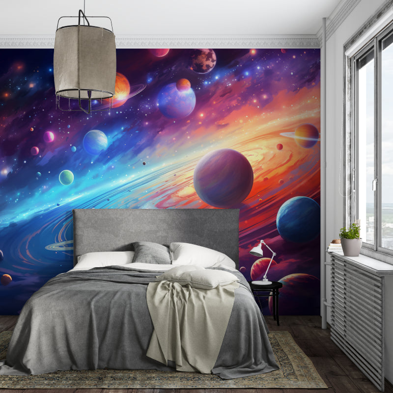 Space themed wallpaper bringing celestial magic to a child's study area