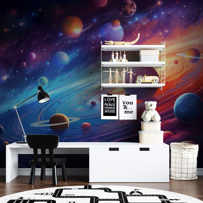 Galaxy wallpaper with planets creating depth in a teen's bedroom