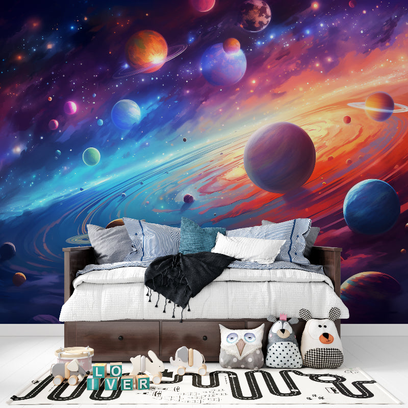 Space mural wallpaper adding cosmic wonder to a home office space