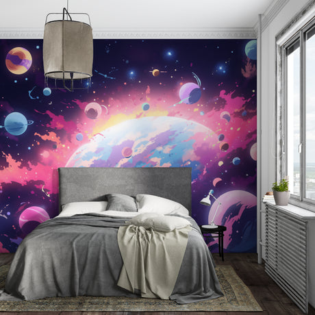 Space nebula wallpaper creating a magical atmosphere in a modern kids bedroom, pink and purple cosmic design